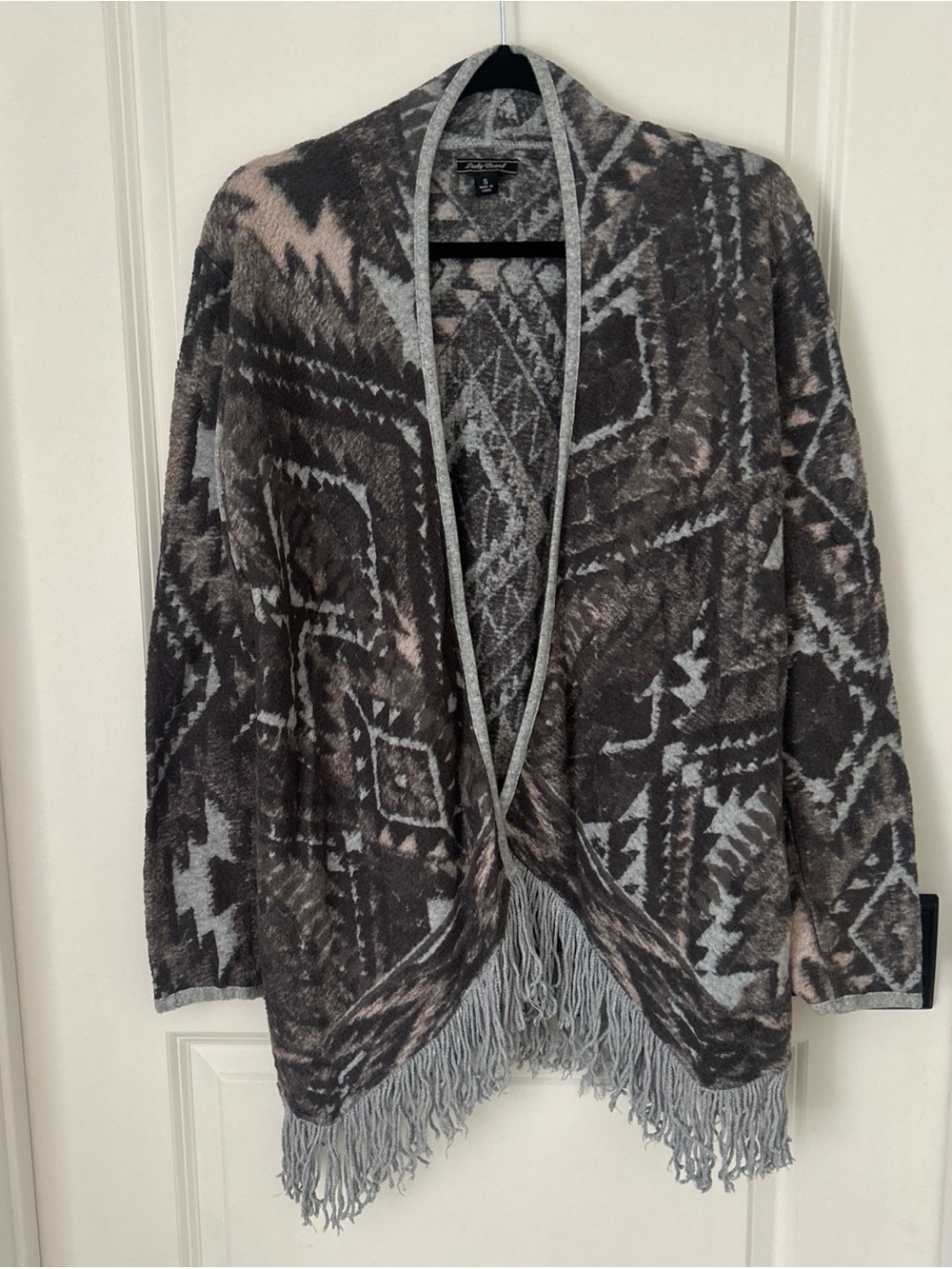 Lucky Brand Gray and Brown Aztec Fringe Open Cardigan